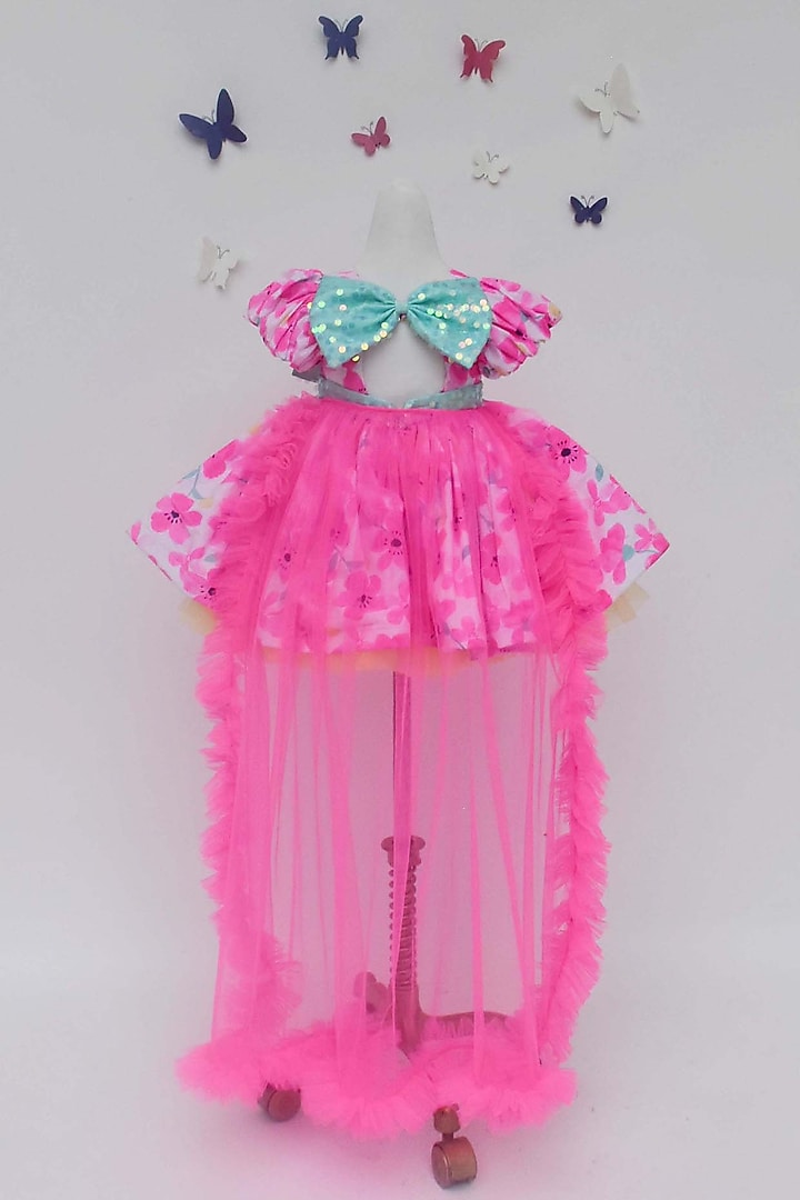 Neon Pink & White Cotton Floral Printed Dress For Girls by Fayon Kids at Pernia's Pop Up Shop