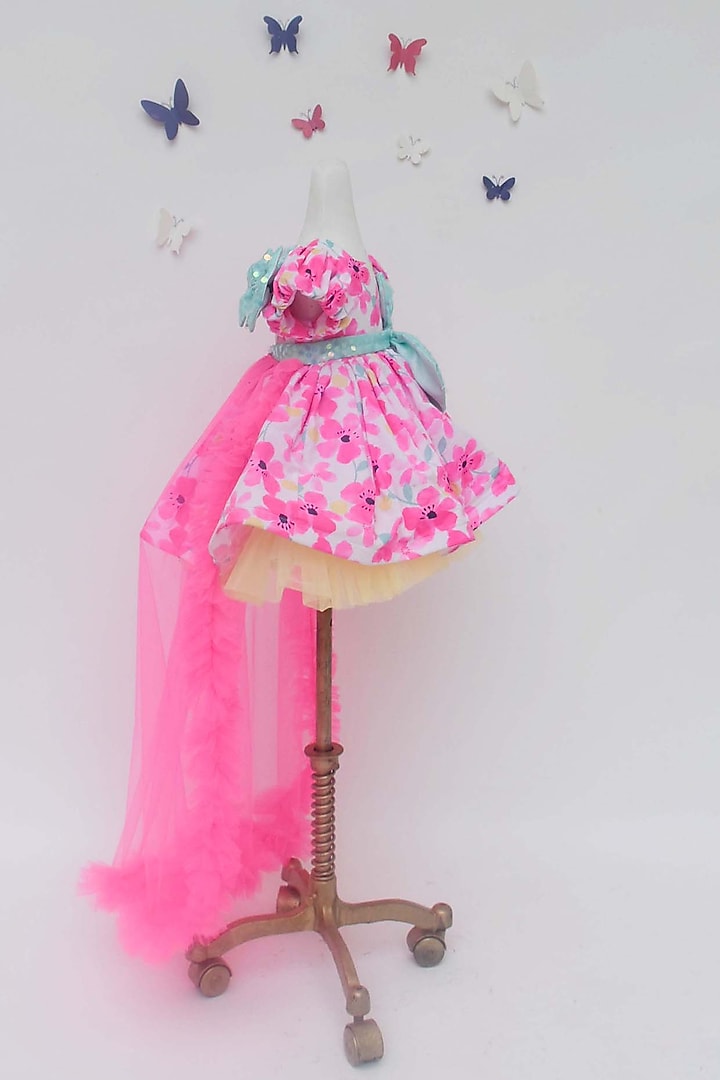 Neon Pink & White Cotton Floral Printed Dress For Girls by Fayon Kids at Pernia's Pop Up Shop