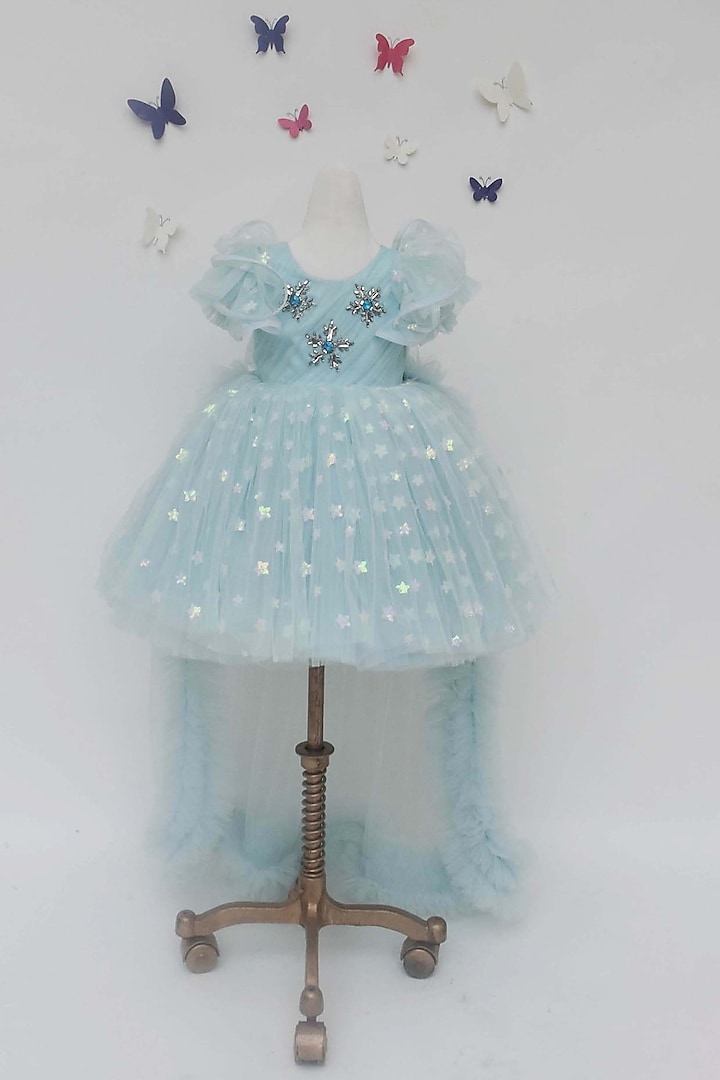 Blue Net Dress With Stars For Girls by Fayon Kids