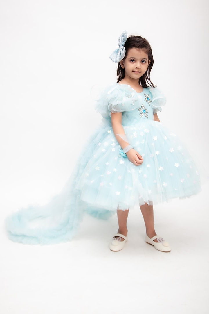 Blue Net Dress For Girls by Fayon Kids at Pernia's Pop Up Shop