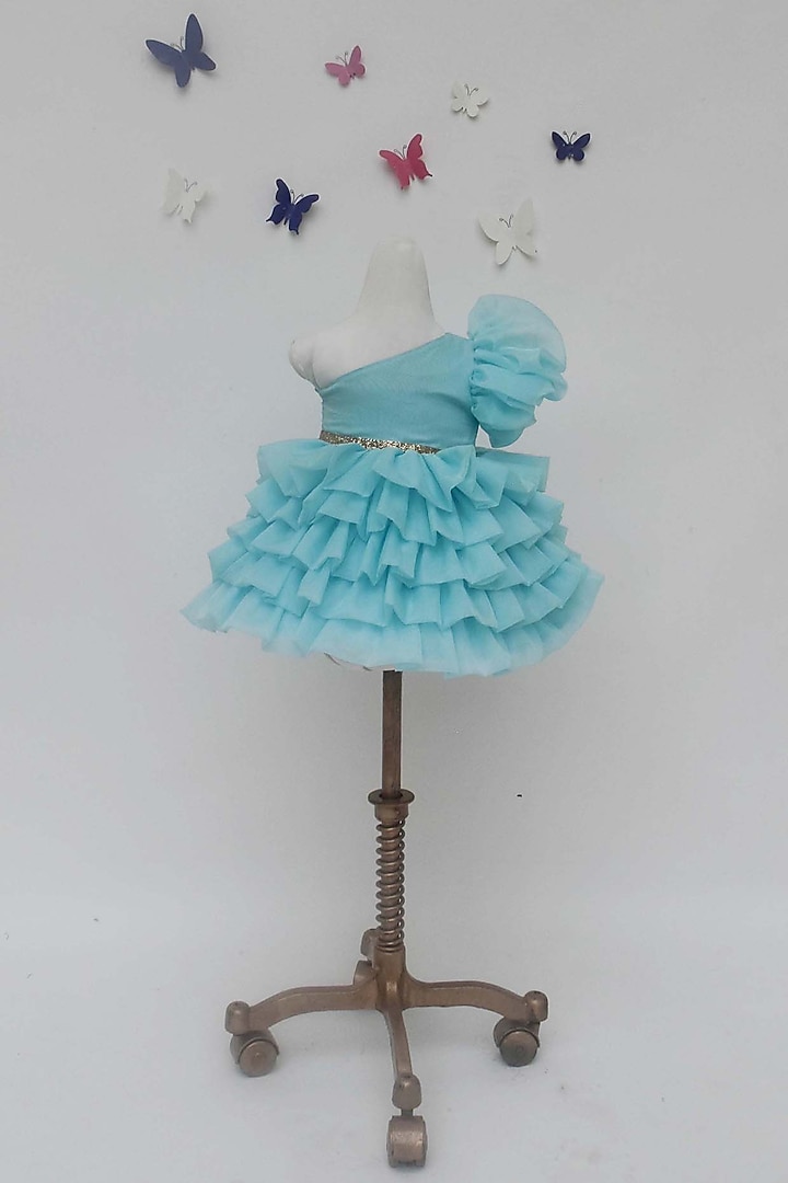 Blue Organza Embellished One-Shoulder Dress For Girls  by Fayon Kids at Pernia's Pop Up Shop