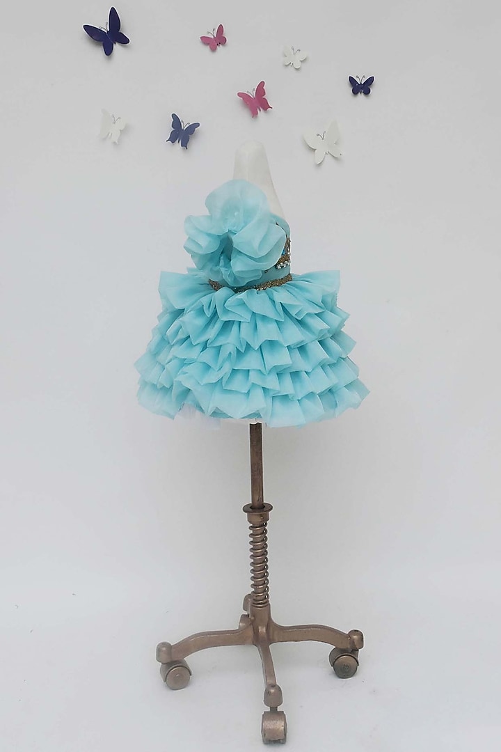 Blue Organza Embellished One-Shoulder Dress For Girls  by Fayon Kids at Pernia's Pop Up Shop