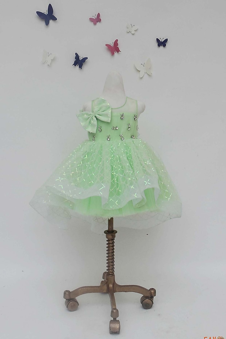 Green Sequins Net Dress For Girls by Fayon Kids at Pernia's Pop Up Shop