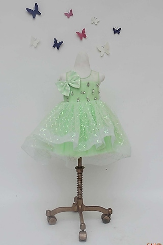 Green Sequins Net Dress For Girls by Fayon Kids