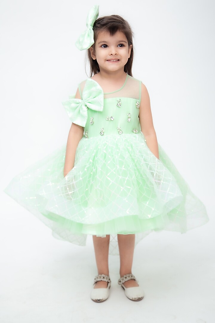 Green Sequins Net Dress For Girls by Fayon Kids at Pernia's Pop Up Shop