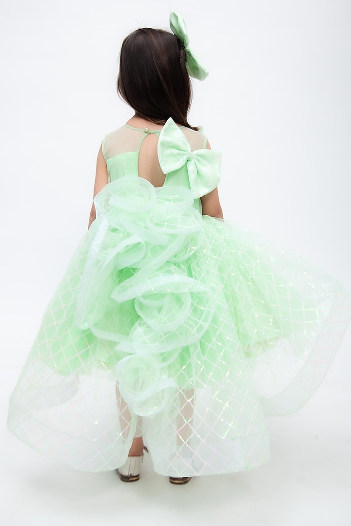 Green Sequins Net Dress For Girls by Fayon Kids at Pernia's Pop Up Shop