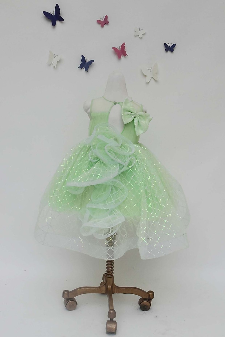 Green Sequins Net Dress For Girls by Fayon Kids at Pernia's Pop Up Shop