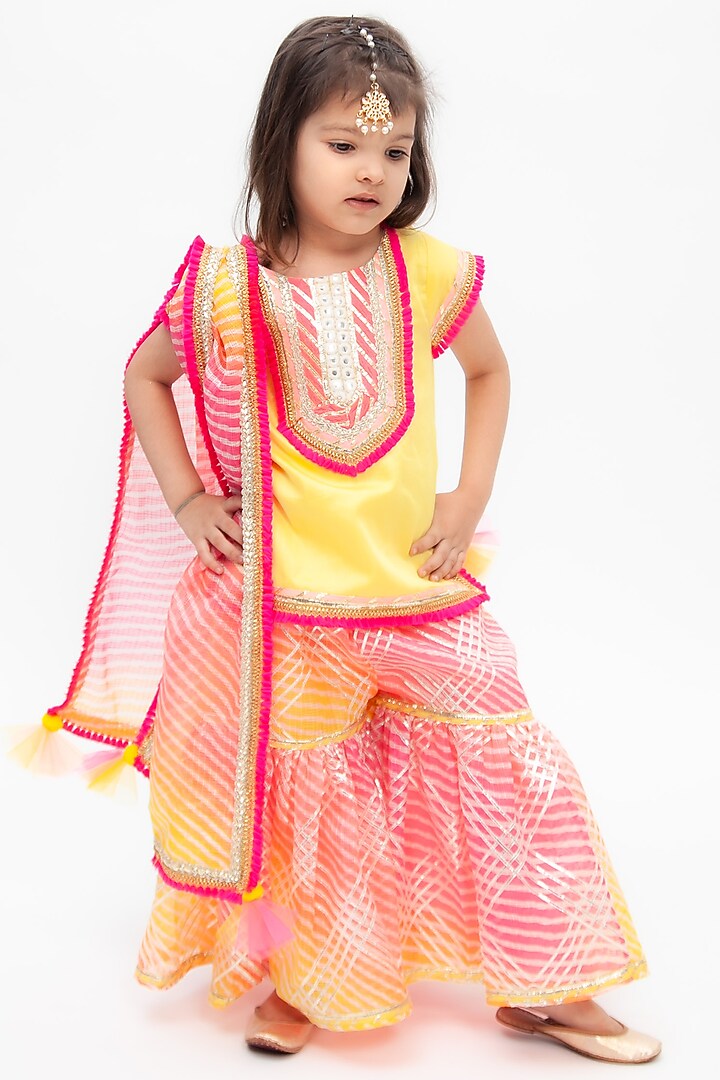 Pink Kota Printed Sharara Set With Kurta For Girls by Fayon Kids at Pernia's Pop Up Shop