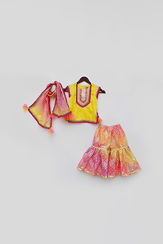 Pink Kota Printed Sharara Set With Kurta For Girls by Fayon Kids