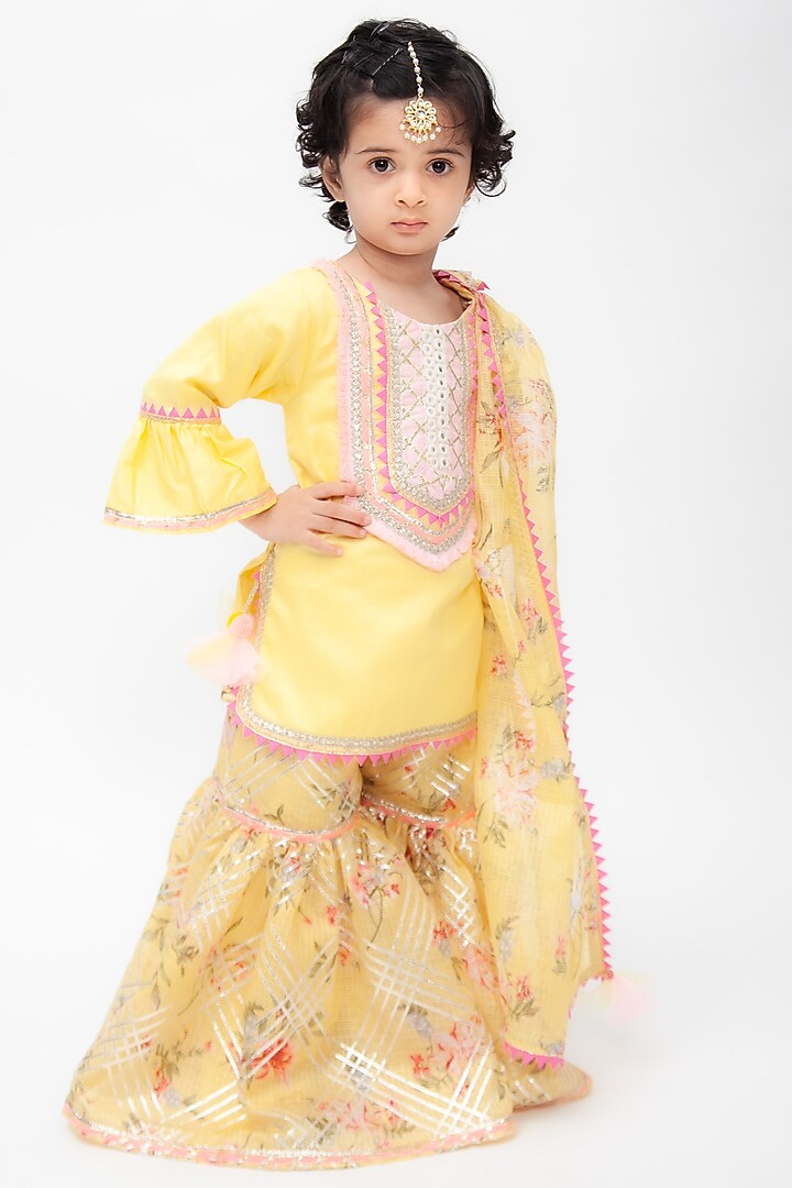 Yellow Cotton Printed Sharara Set For Girls by Fayon Kids at Pernia's Pop Up Shop