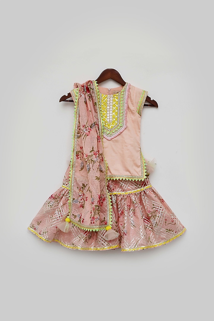 Peach Cotton Silk Kota Printed Sharara Set For Girls by Fayon Kids at Pernia's Pop Up Shop
