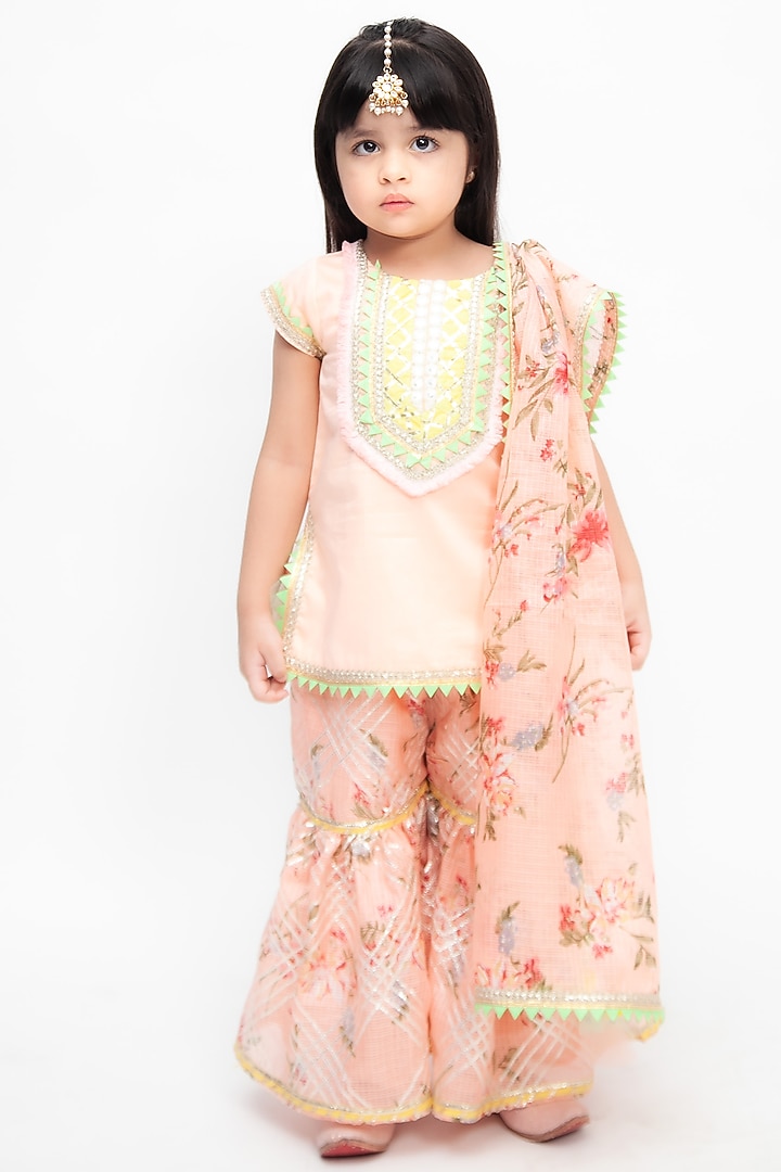 Peach Cotton Silk Kota Printed Sharara Set For Girls by Fayon Kids at Pernia's Pop Up Shop