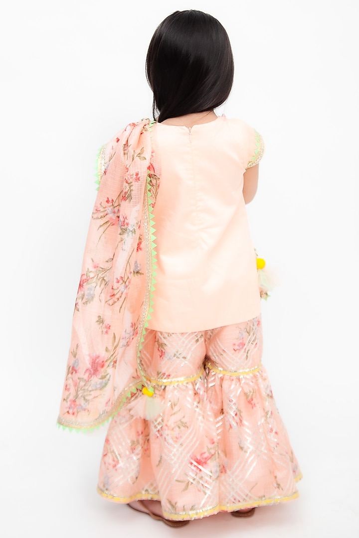 Peach Cotton Silk Kota Printed Sharara Set For Girls by Fayon Kids at Pernia's Pop Up Shop
