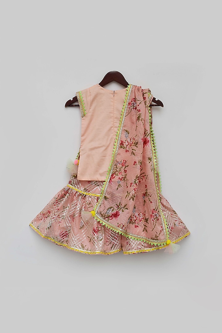 Peach Cotton Silk Kota Printed Sharara Set For Girls by Fayon Kids at Pernia's Pop Up Shop