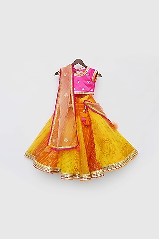 Yellow Organza Lehenga Set For Girls  by Fayon Kids