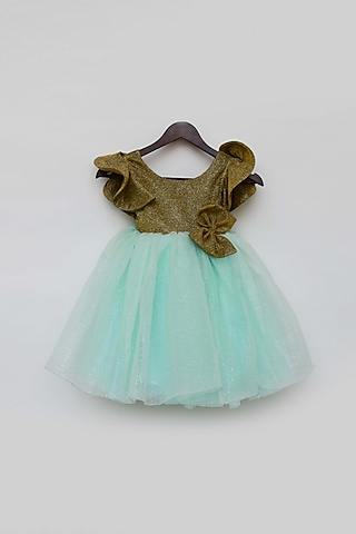 Golden Shimmer Net Bow Dress For Girls by Fayon Kids