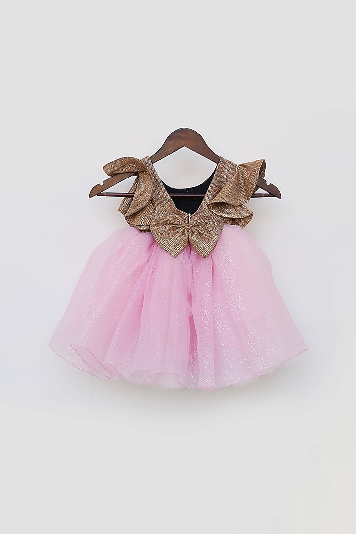 Gold & Pink Shimmer Net Glitter Dress For Girls by Fayon Kids at Pernia's Pop Up Shop