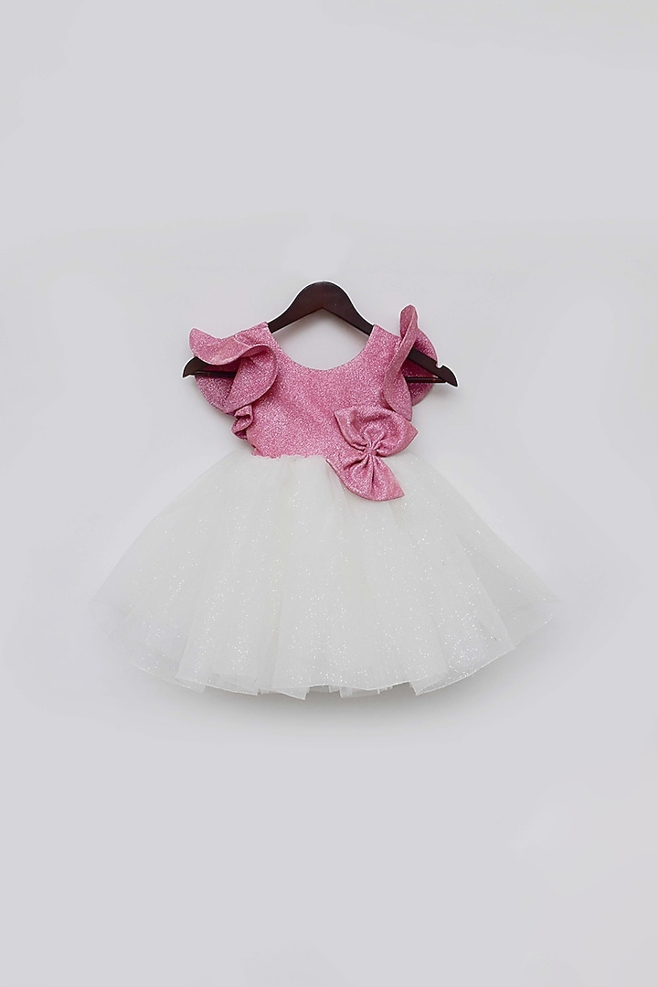 Pink & White Glitter Frock With Bow For Girls by Fayon Kids