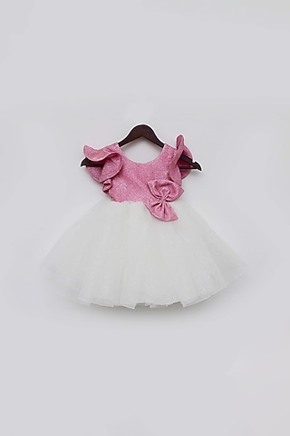 Pink & White Shimmer Net Glitter Dress For Girls by Fayon Kids