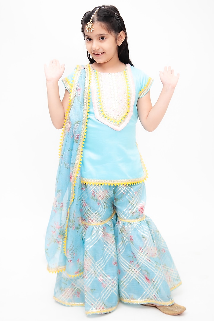 Blue Cotton Printed Sharara Set For Girls by Fayon Kids at Pernia's Pop Up Shop