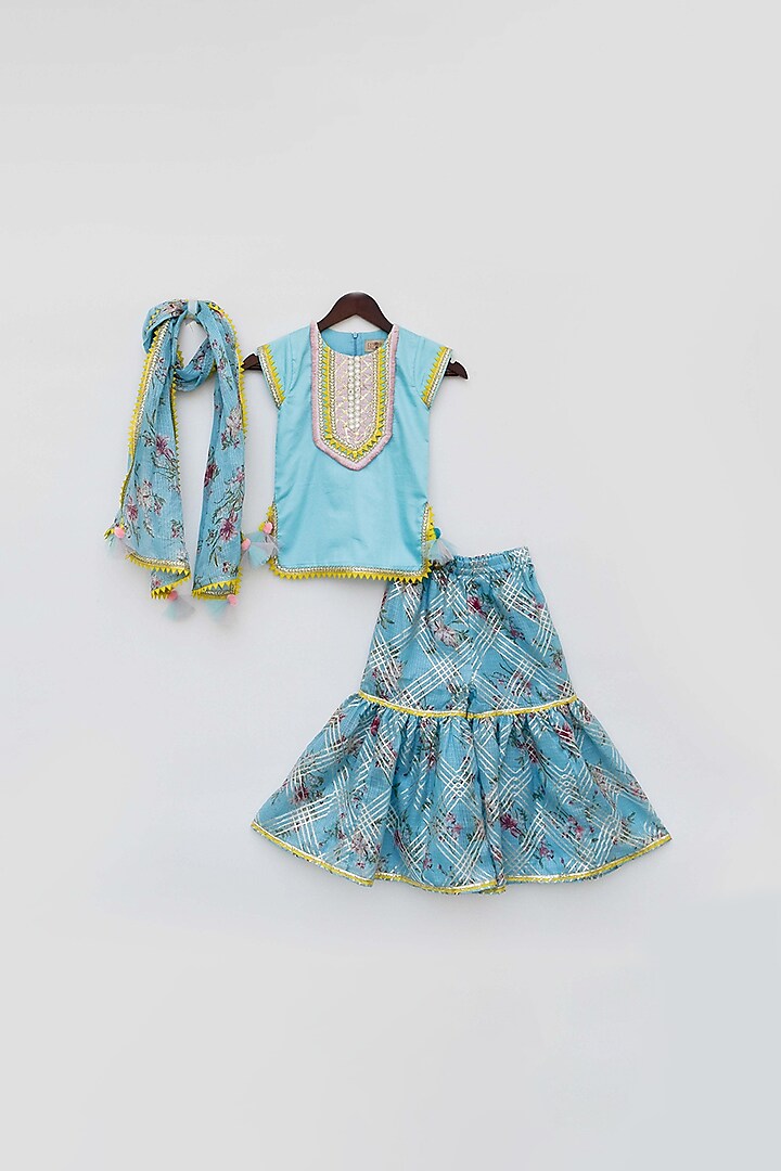 Blue Cotton Printed Sharara Set For Girls by Fayon Kids at Pernia's Pop Up Shop