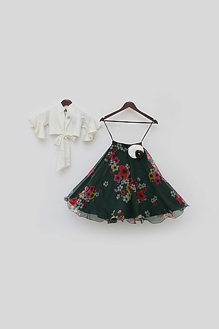 Green Printed Lehenga Set For Girls by Fayon Kids