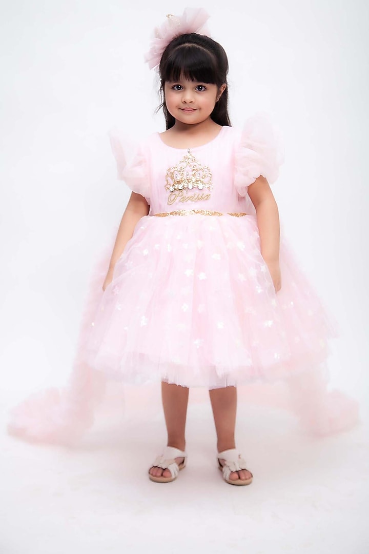 Pink Net Star Motif Work Dress For Girls by Fayon Kids at Pernia's Pop Up Shop