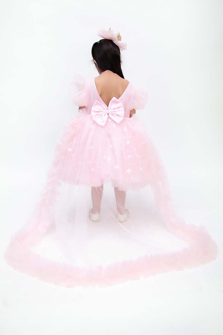 Pink Net Star Motif Work Dress For Girls by Fayon Kids at Pernia's Pop Up Shop