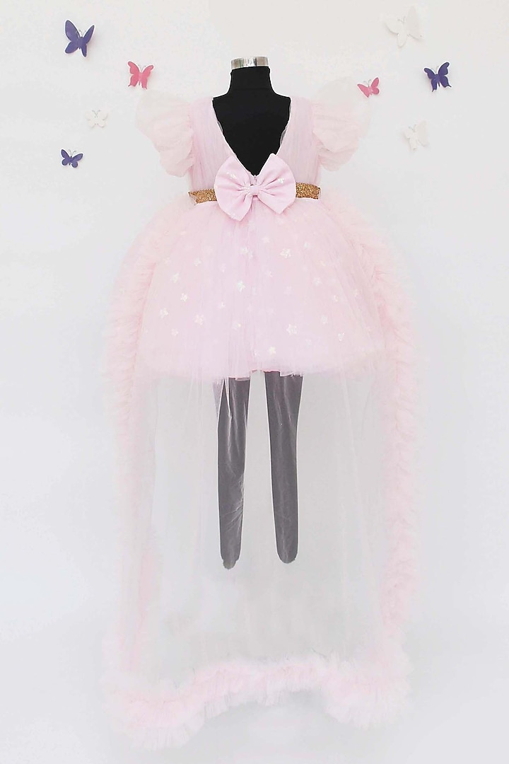 Pink Net Star Motif Work Dress For Girls by Fayon Kids at Pernia's Pop Up Shop