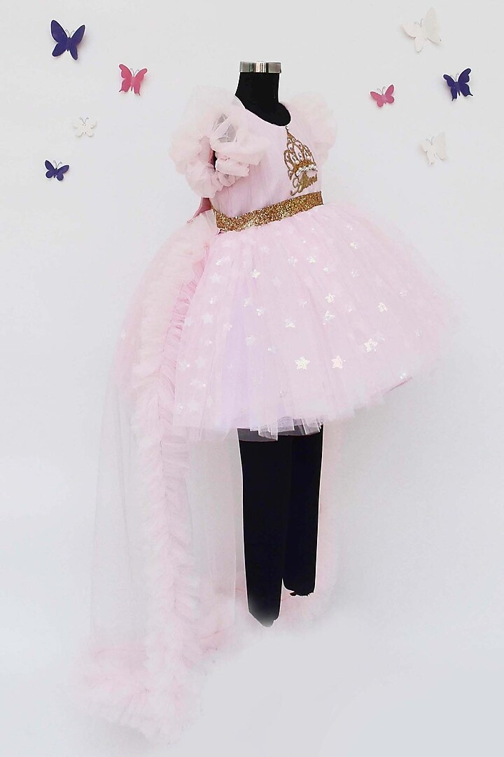 Pink Net Star Motif Work Dress For Girls by Fayon Kids at Pernia's Pop Up Shop