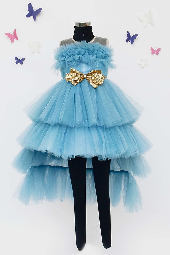 Light Blue Shimmer Net Gown For Girls by Fayon Kids at Pernia's Pop Up Shop