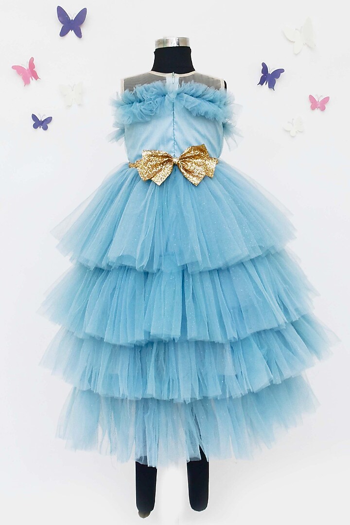 Light Blue Shimmer Net Gown For Girls by Fayon Kids at Pernia's Pop Up Shop