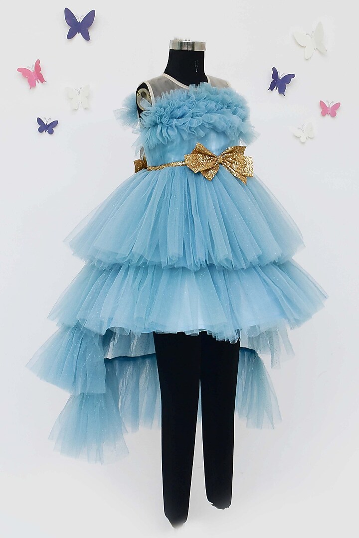 Light Blue Shimmer Net Gown For Girls by Fayon Kids at Pernia's Pop Up Shop