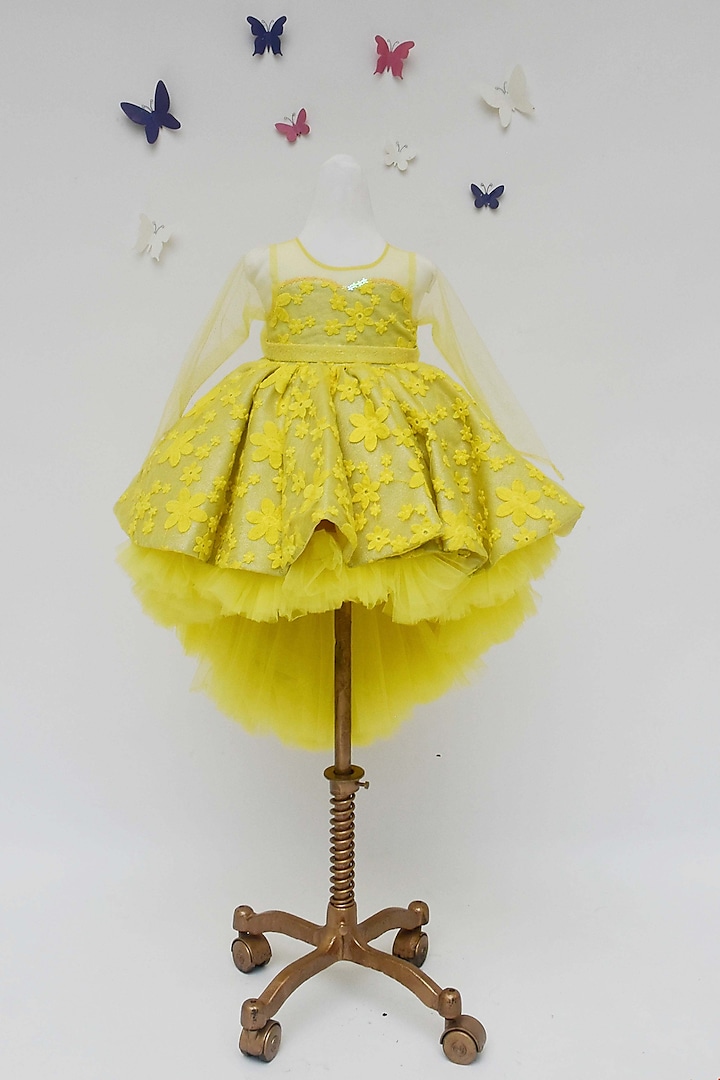 Yellow Floral Embroidered High-Low Gown For Girls by Fayon Kids
