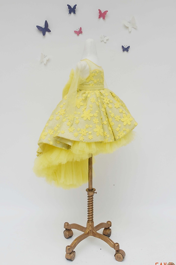 Yellow Floral Embroidered High-Low Gown For Girls by Fayon Kids at Pernia's Pop Up Shop
