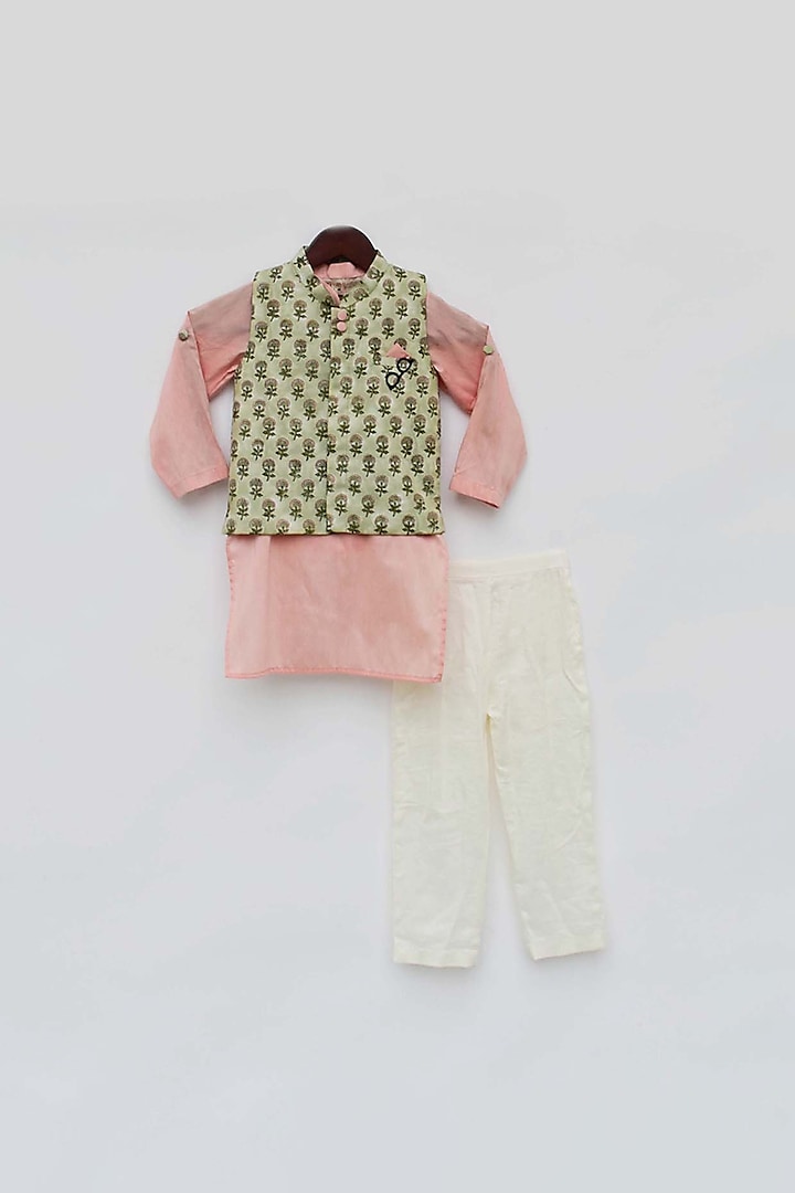 Pink Kurta Set With Printed Jacket For Boys by Fayon Kids