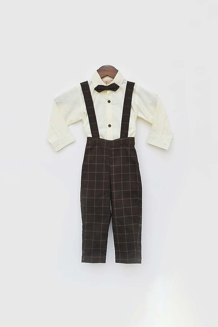 Brown Checkered Pant Set For Boys by Fayon Kids