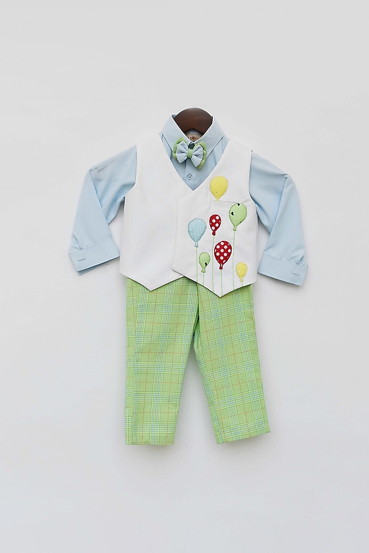 White Waistcoat Set With Motif For Boys by Fayon Kids