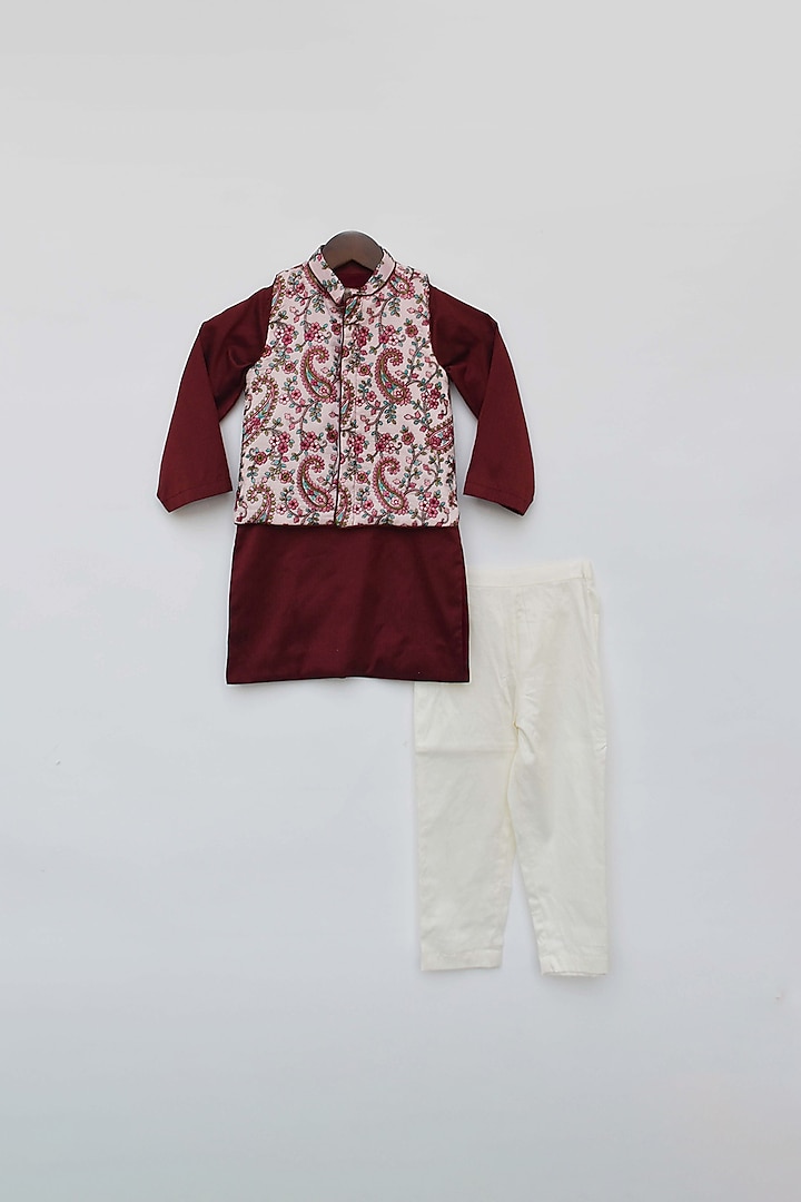 Pink Embroidered Nehru Jacket Set For Boys by Fayon Kids