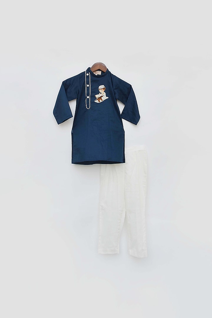 Teal Blue Kurta Set With Motif For Boys by Fayon Kids