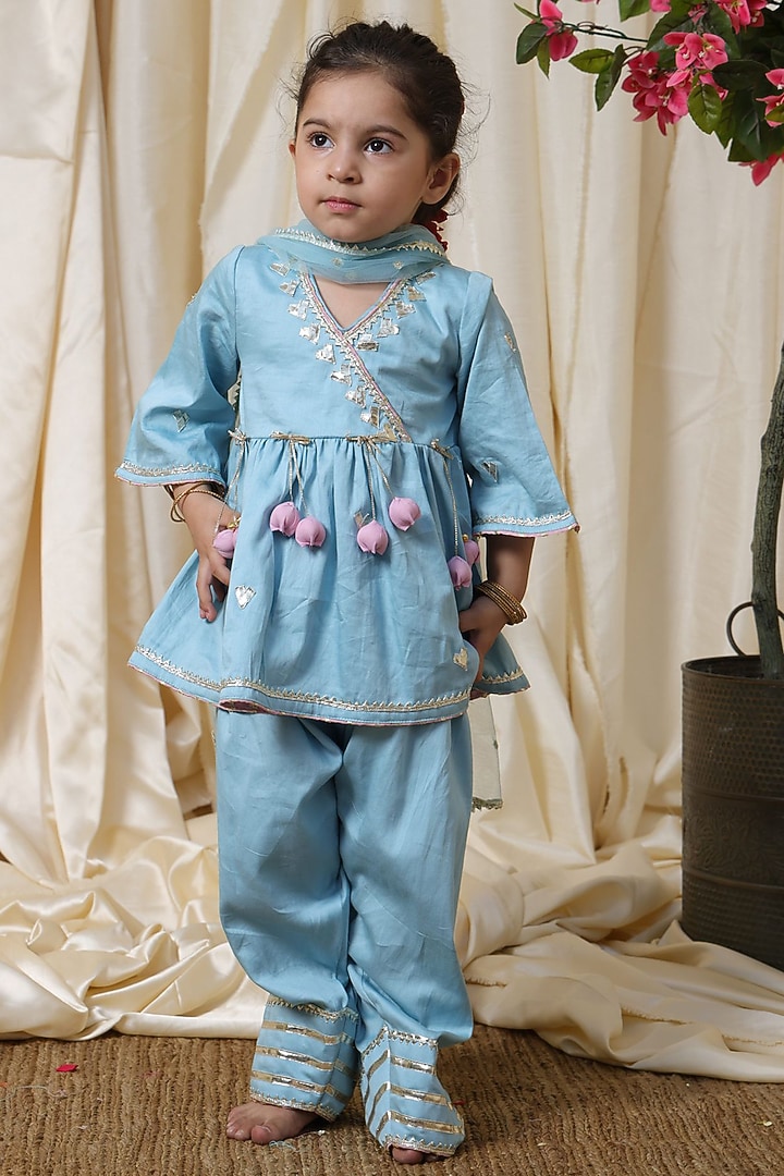 Blue Cotton Gota Embroidered Kurta Set For Girls by Fayon Kids at Pernia's Pop Up Shop
