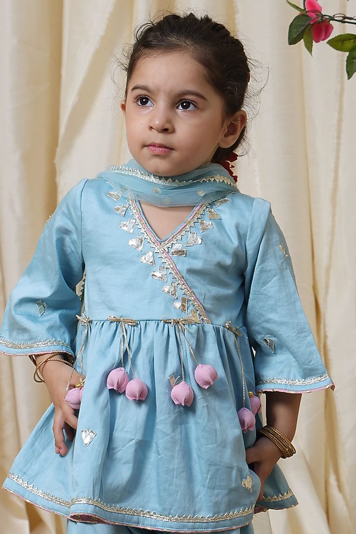Blue Cotton Gota Embroidered Kurta Set For Girls by Fayon Kids at Pernia's Pop Up Shop