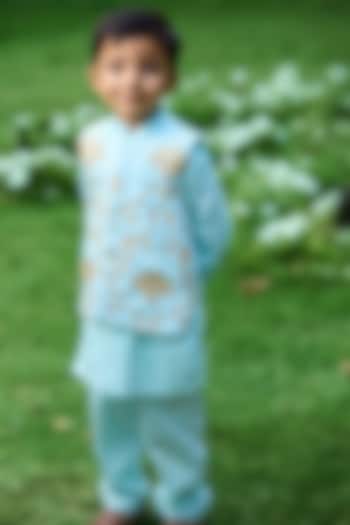 Blue Cotton Gota Embroidered Nehru Jacket Set For Boys by Fayon Kids at Pernia's Pop Up Shop