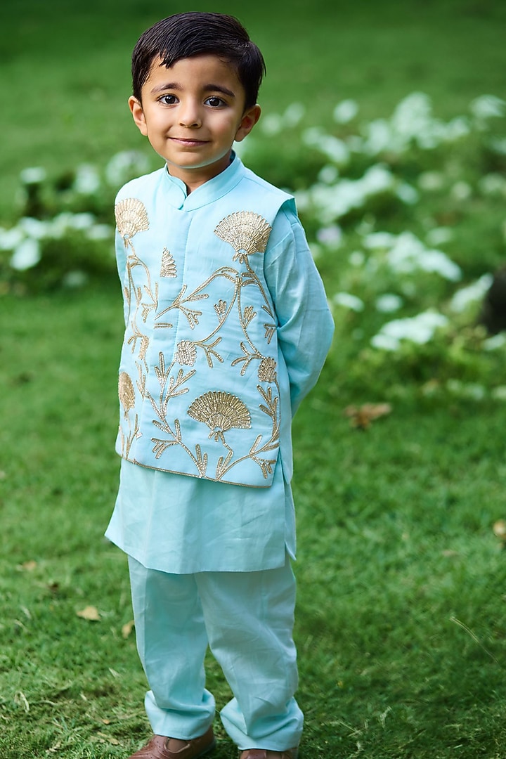 Blue Cotton Gota Embroidered Nehru Jacket Set For Boys by Fayon Kids at Pernia's Pop Up Shop