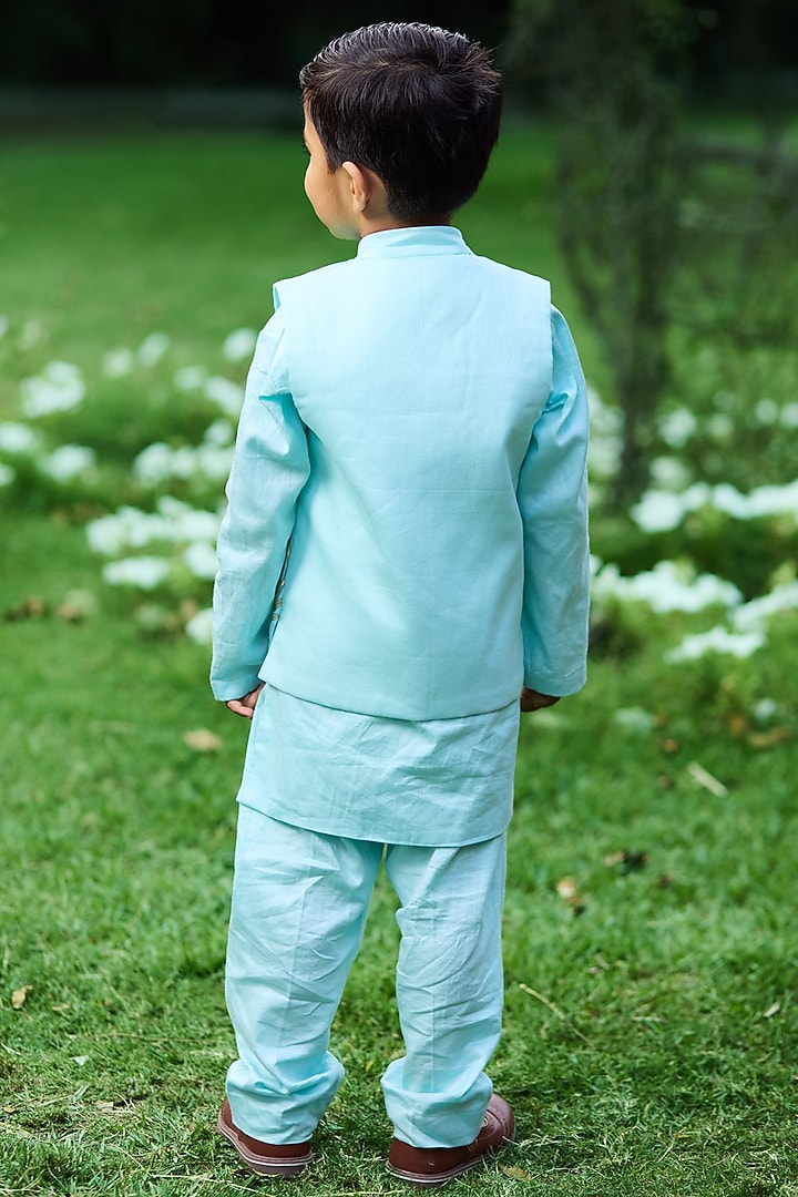 Blue Cotton Gota Embroidered Nehru Jacket Set For Boys by Fayon Kids at Pernia's Pop Up Shop