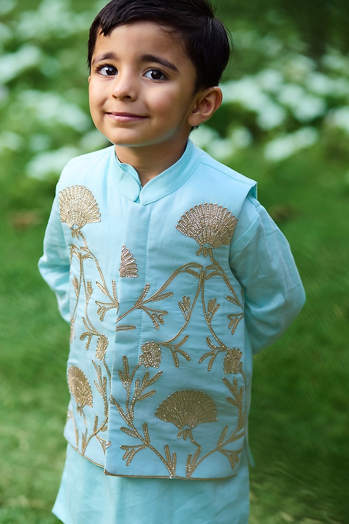 Blue Cotton Gota Embroidered Nehru Jacket Set For Boys by Fayon Kids at Pernia's Pop Up Shop