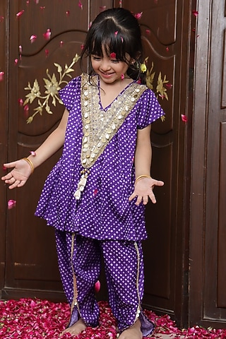 Purple Crepe Bandhej Kurta Set For Girls by Fayon Kids