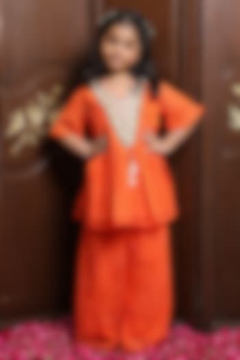 Orange Georgette Bandhej Sharara Set For Girls by Fayon Kids at Pernia's Pop Up Shop
