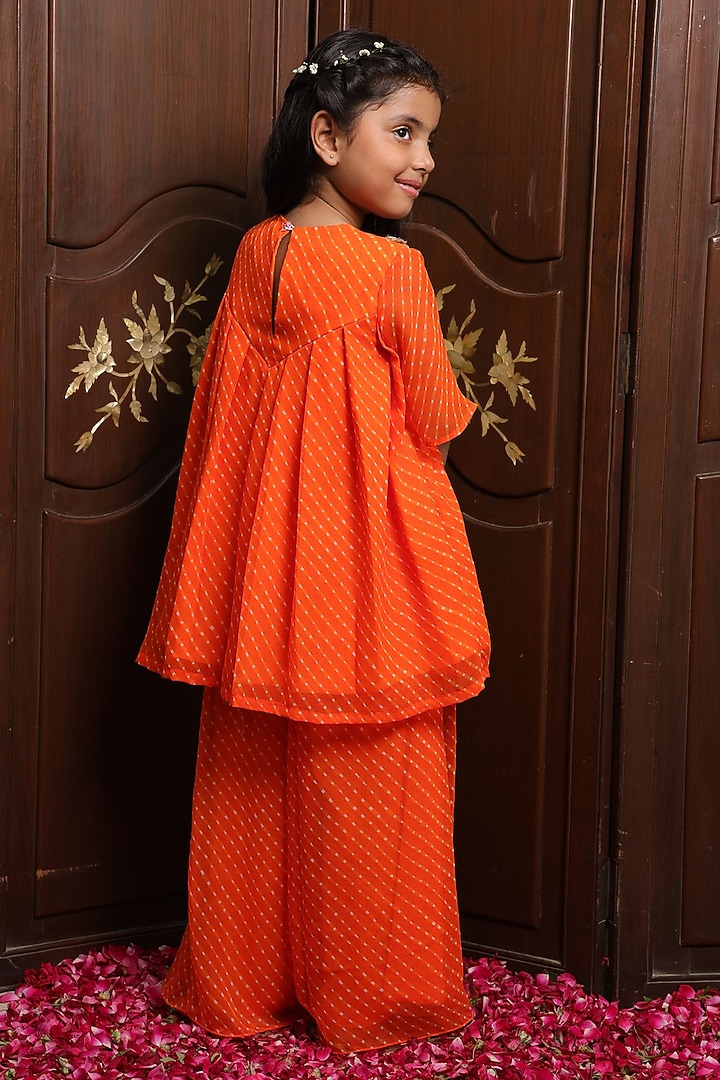 Orange Georgette Bandhej Sharara Set For Girls by Fayon Kids at Pernia's Pop Up Shop