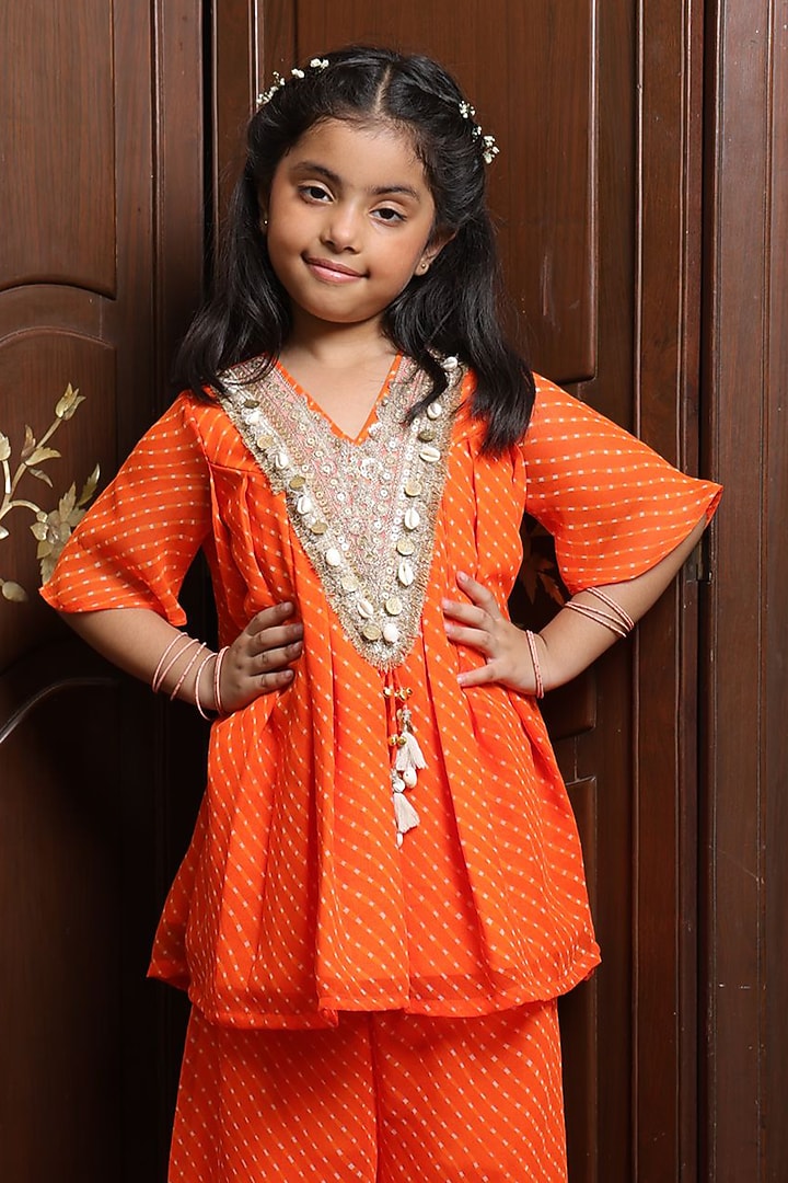 Orange Georgette Bandhej Sharara Set For Girls by Fayon Kids at Pernia's Pop Up Shop